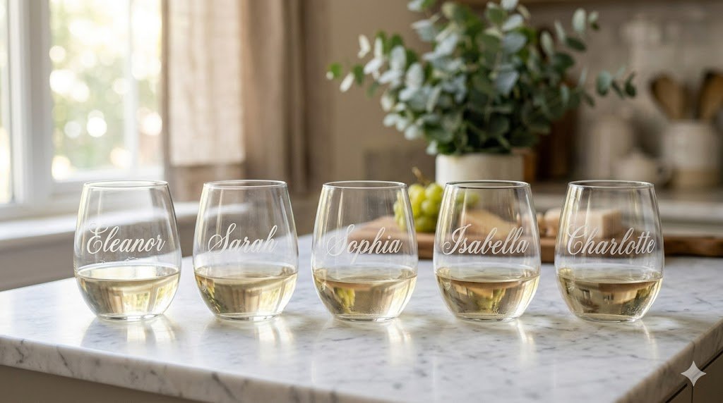 Five personalized stemless wine glasses with etched names