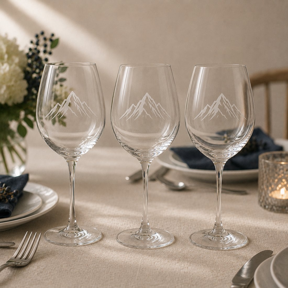 Custom engraved wine glasses on a table