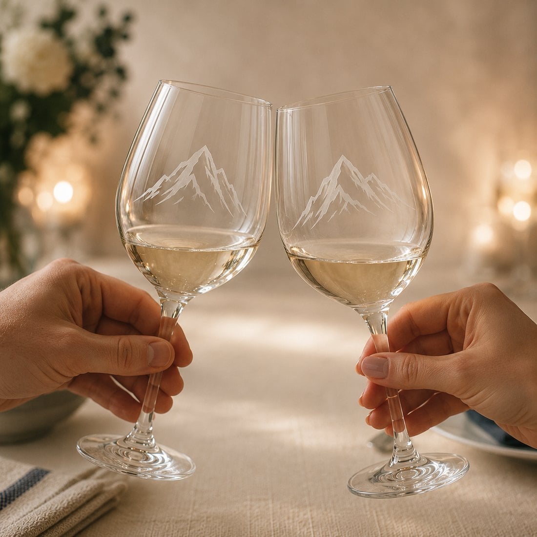Etched wine glasses in a tasting room