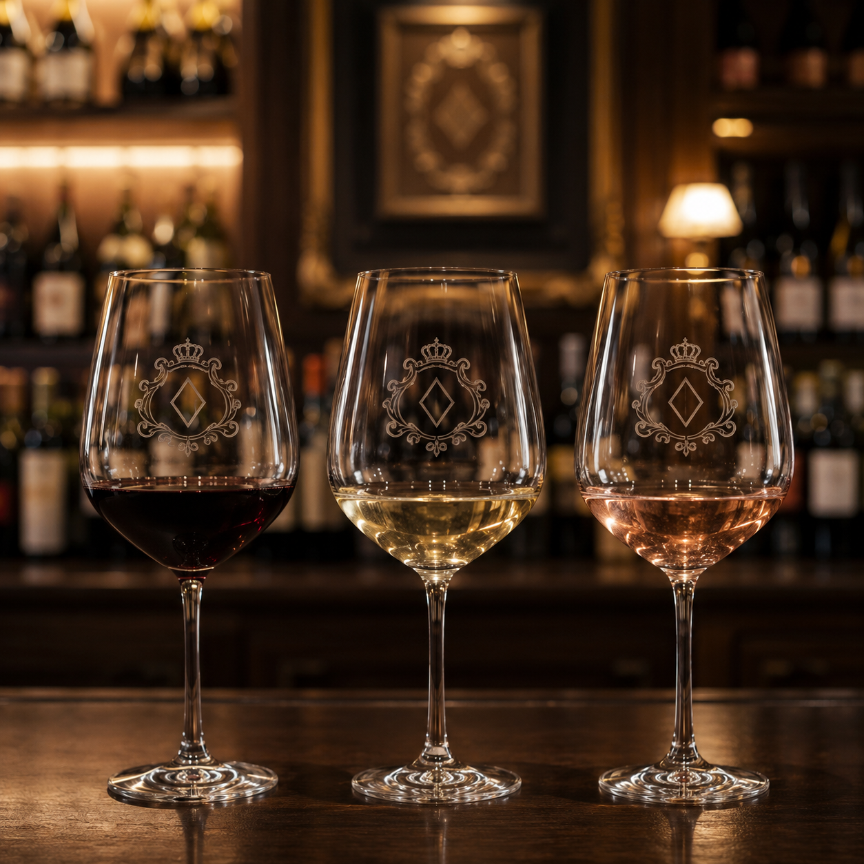 Three premium custom-etched wine glasses on a dark walnut bar top