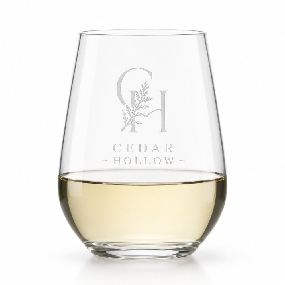 Stemless wine glass with etched monogram