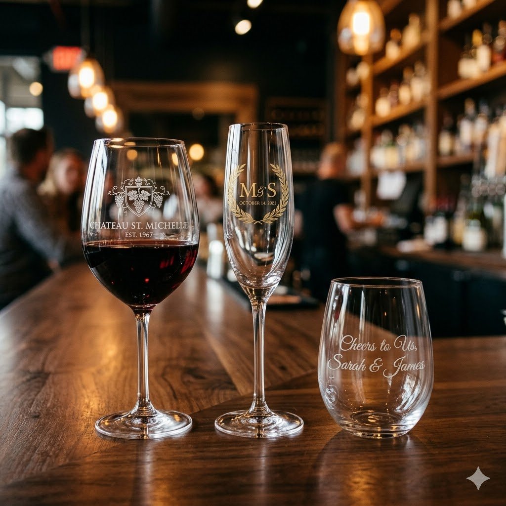 Three premium custom-etched wine glasses on a dark walnut bar top