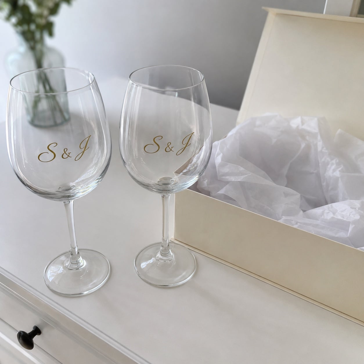 Monogrammed gift wine glasses — customer photo